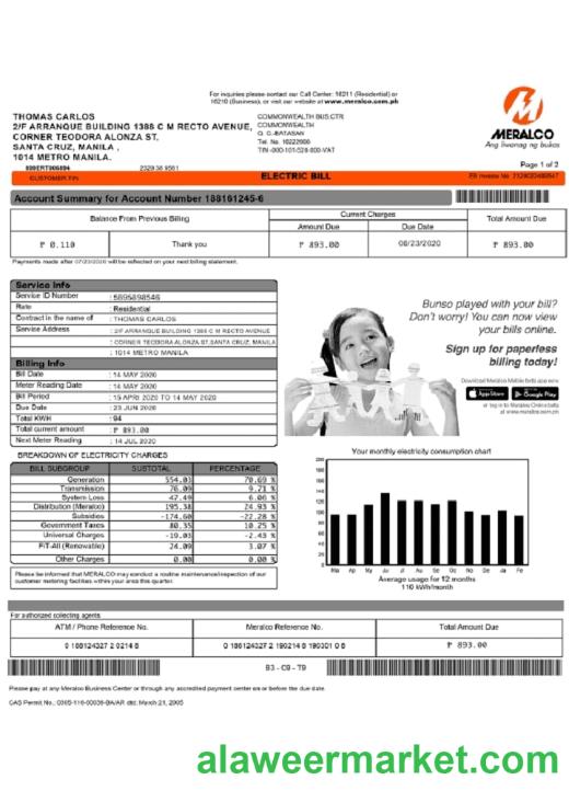 Philippines Meralco electricity utility bill template in Word and PDF format